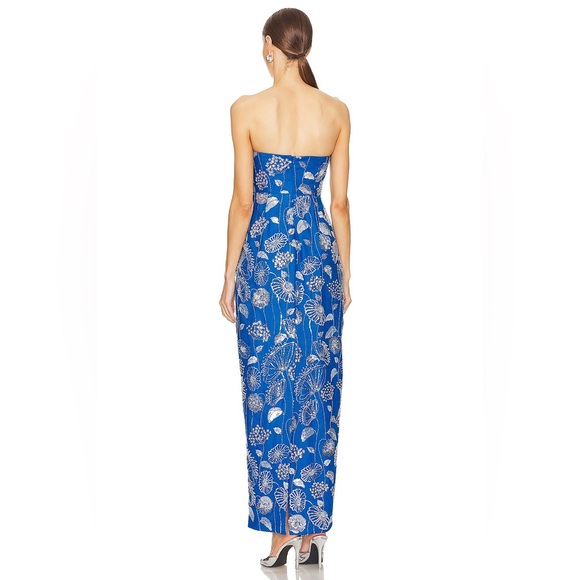 Milly Orion Sequin Embellished Linen Strapless Blue Floral Dress